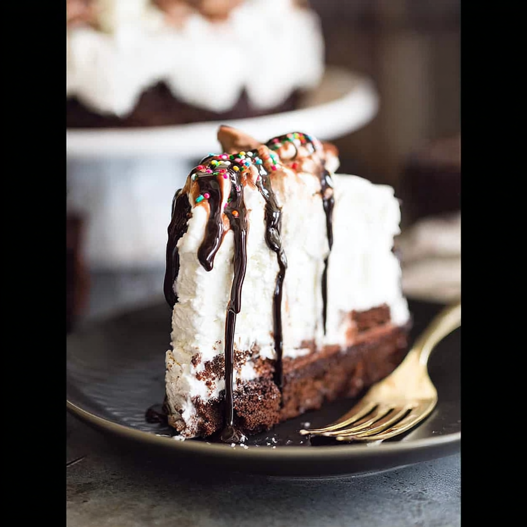 Brownie Ice Cream Cake with birthday candles and sprinkles