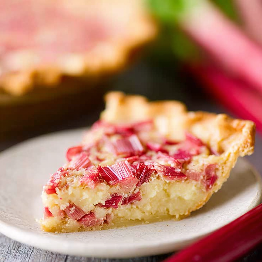 Slice of rhubarb custard pie served with ice cream