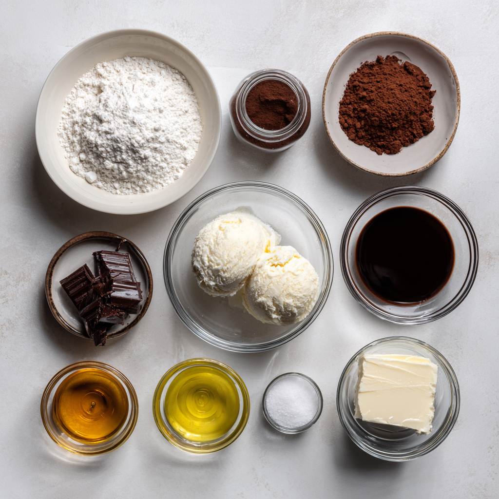 Brownie ice cream cake ingredients arranged on a kitchen table with baking tools