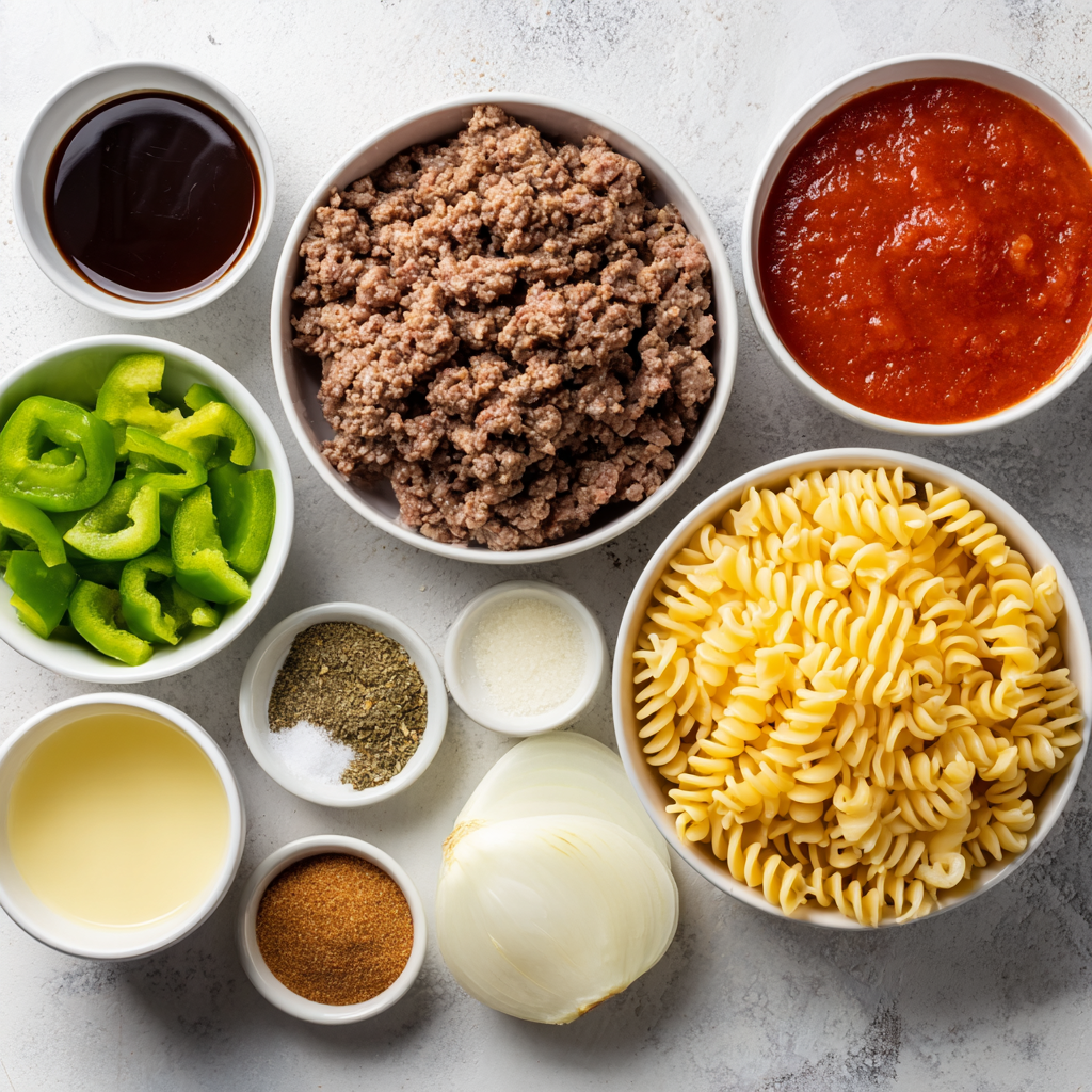 Ingredients for Cheese Steak Hamburger Helper arranged on counter