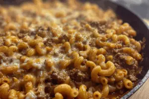 Homemade Cheese Steak Hamburger Helper in a skillet with melted cheese