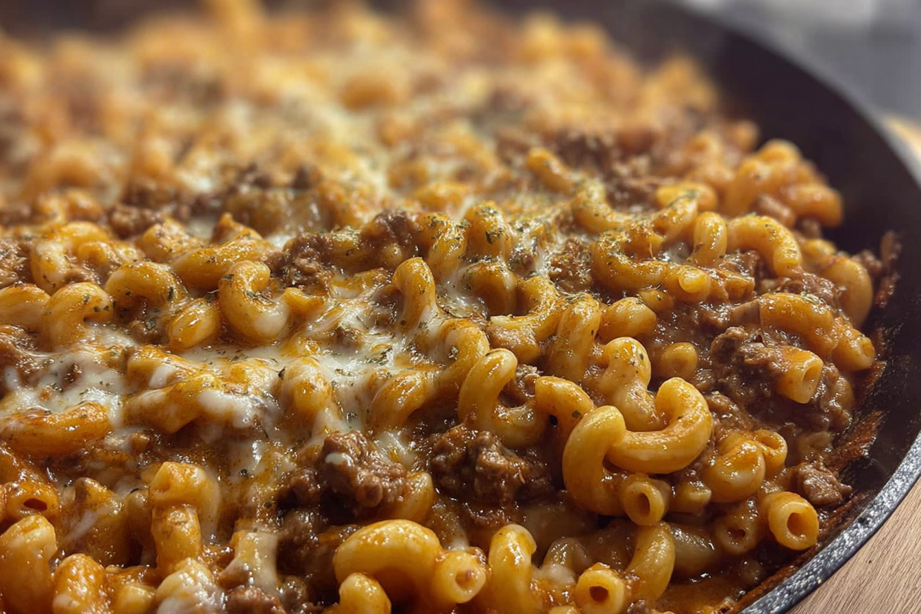 Homemade Cheese Steak Hamburger Helper in a skillet with melted cheese
