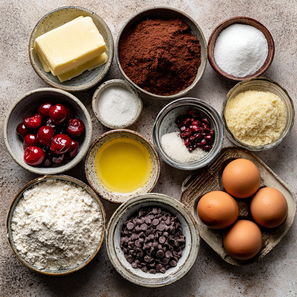 Baking ingredients for cherry chocolate chewy cookies recipe
