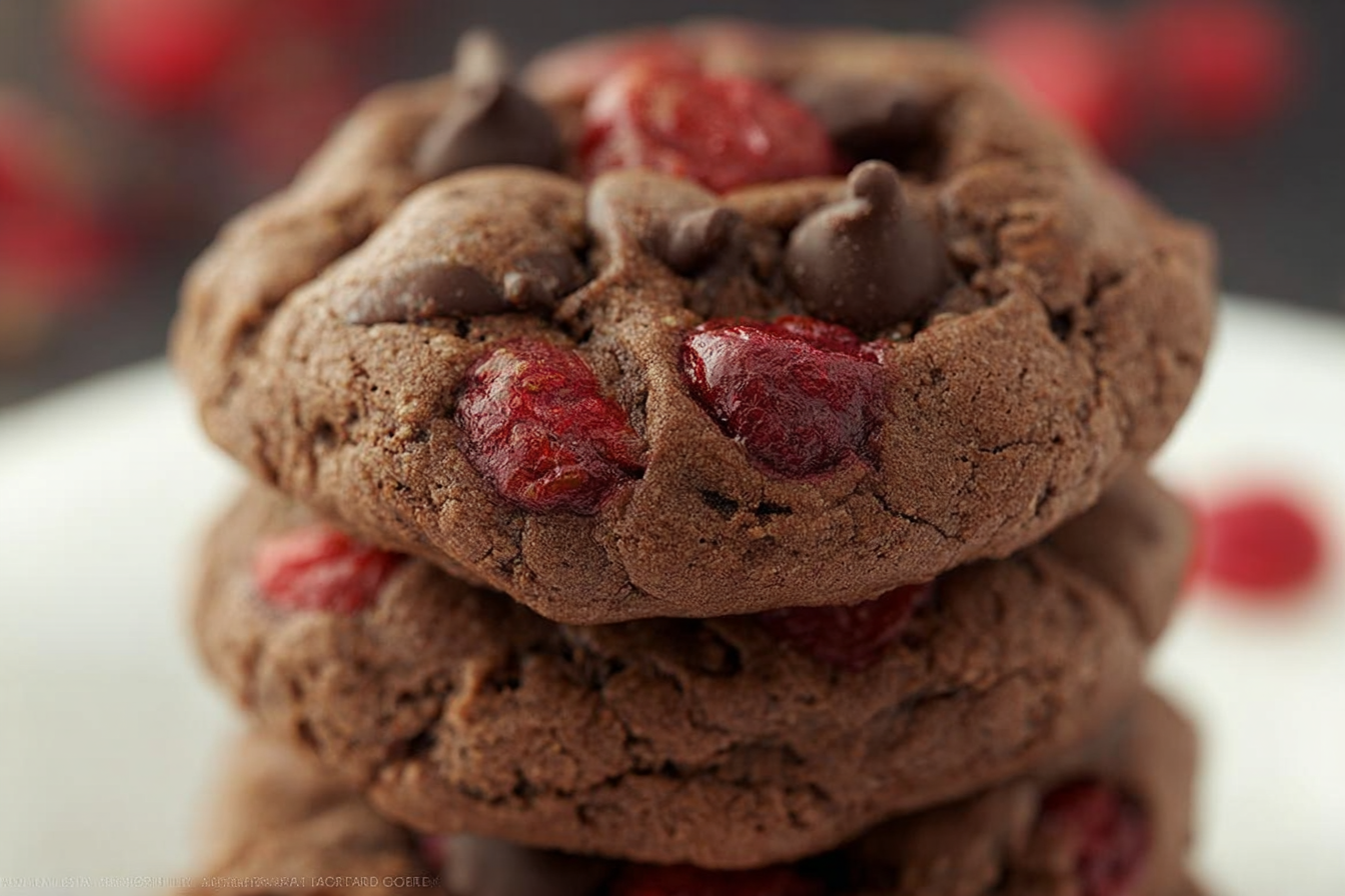 Plate of cherry chocolate chewy cookies stacked with chocolate chips and cherries