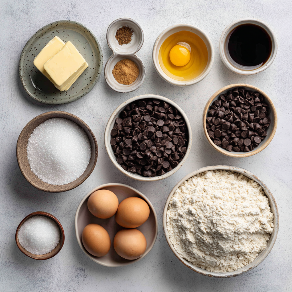 Chocolate chip cookie ingredients on a kitchen counter