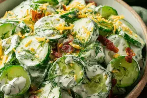 Overhead view of classic cucumber ranch crack salad in a bowl
