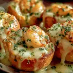 Freshly baked crabby shrimp-stuffed garlic bread bombs on a cutting board.