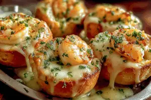 Freshly baked crabby shrimp-stuffed garlic bread bombs on a cutting board.