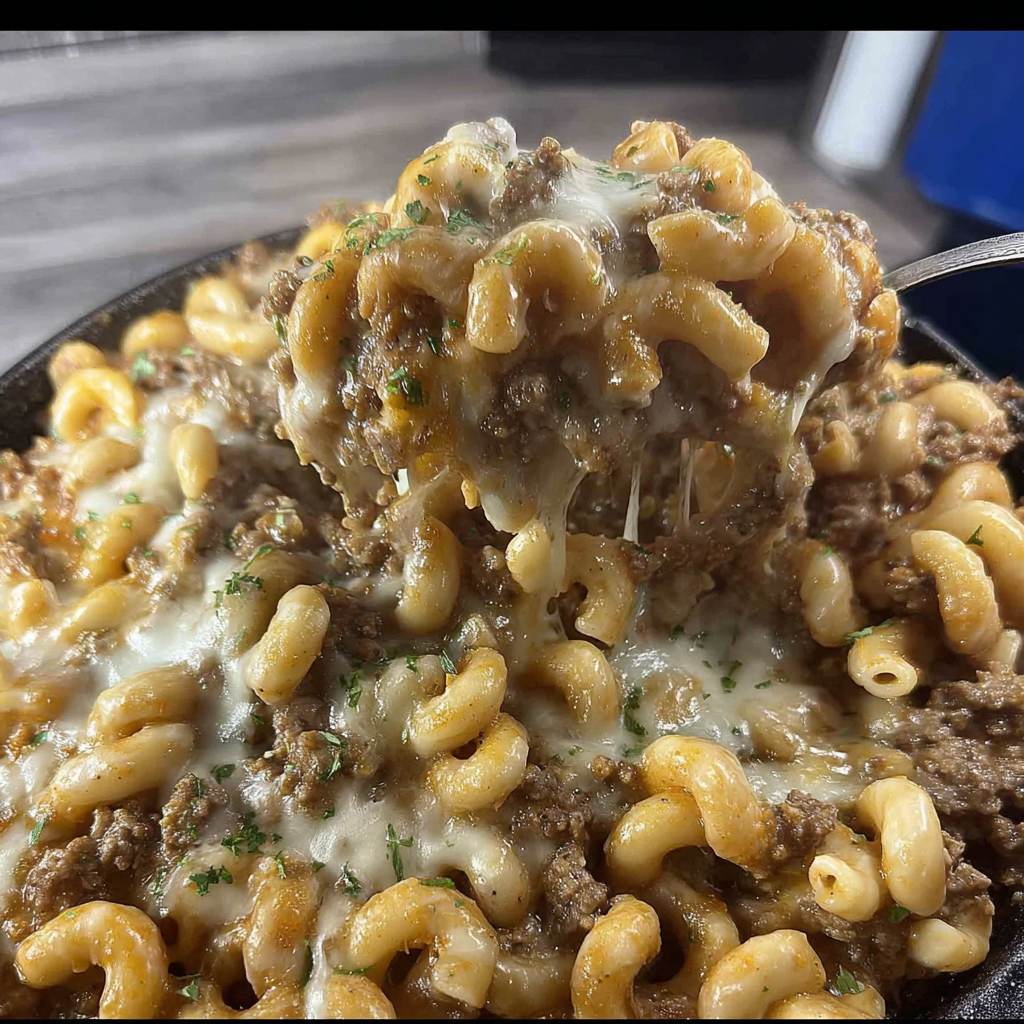 Plated cheesesteak hamburger helper with garlic bread and salad