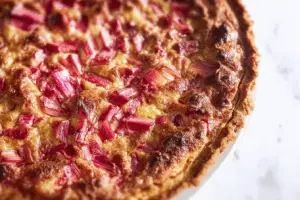 Crustless rhubarb custard pie cooling on table