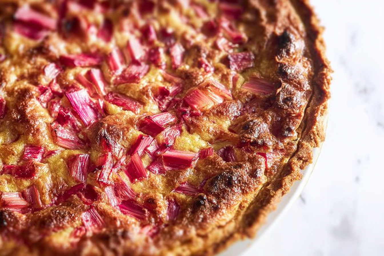Crustless rhubarb custard pie cooling on table