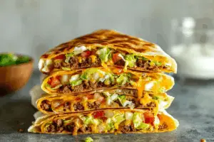 Homemade Copycat Crunchwrap Supreme sliced open with visible layers