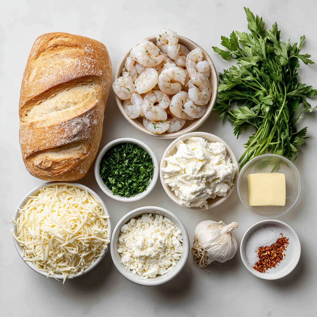 Ingredients for Crabby Shrimp-Stuffed Garlic Bread Bombs Ingredients for crabby shrimp-stuffed garlic bread bombs laid out on a counter.