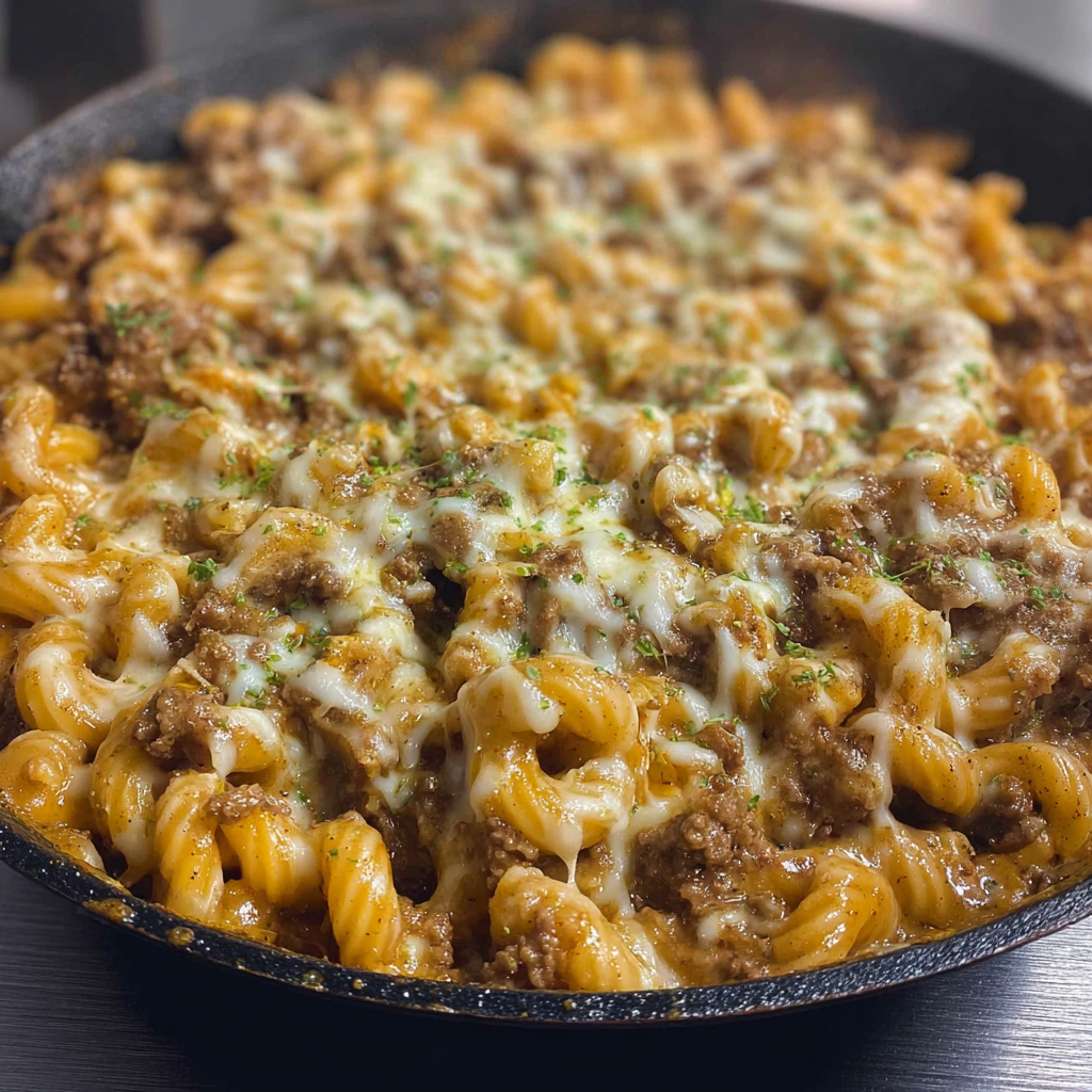 Cooking steps for cheesesteak hamburger helper in a skillet