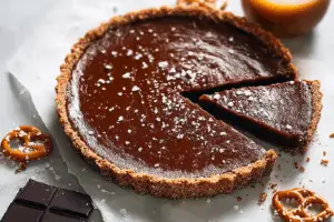 A decadent slice of caramel brownie pie with chocolate ganache and caramel