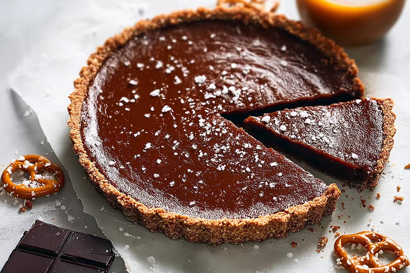 A decadent slice of caramel brownie pie with chocolate ganache and caramel