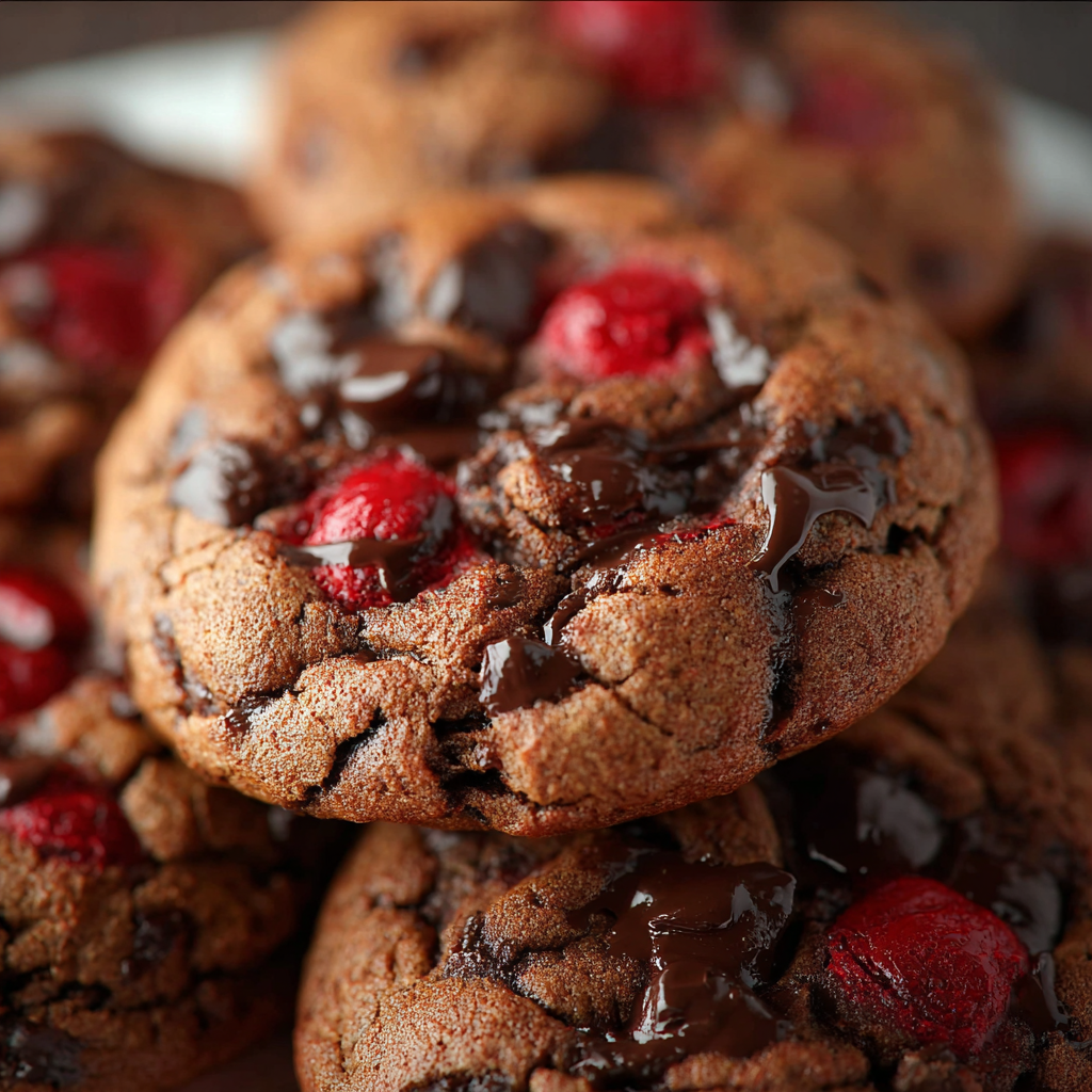 Scooping cherry chocolate chewy cookie dough onto baking sheet