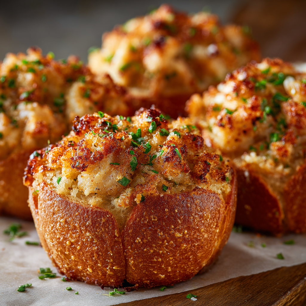 Serving Crabby Shrimp-Stuffed Garlic Bread Bombs Sliced crabby shrimp-stuffed garlic bread bombs served with dipping sauces.