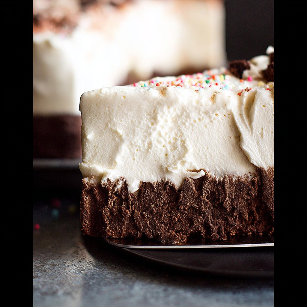Spreading ice cream over brownie base in a pan