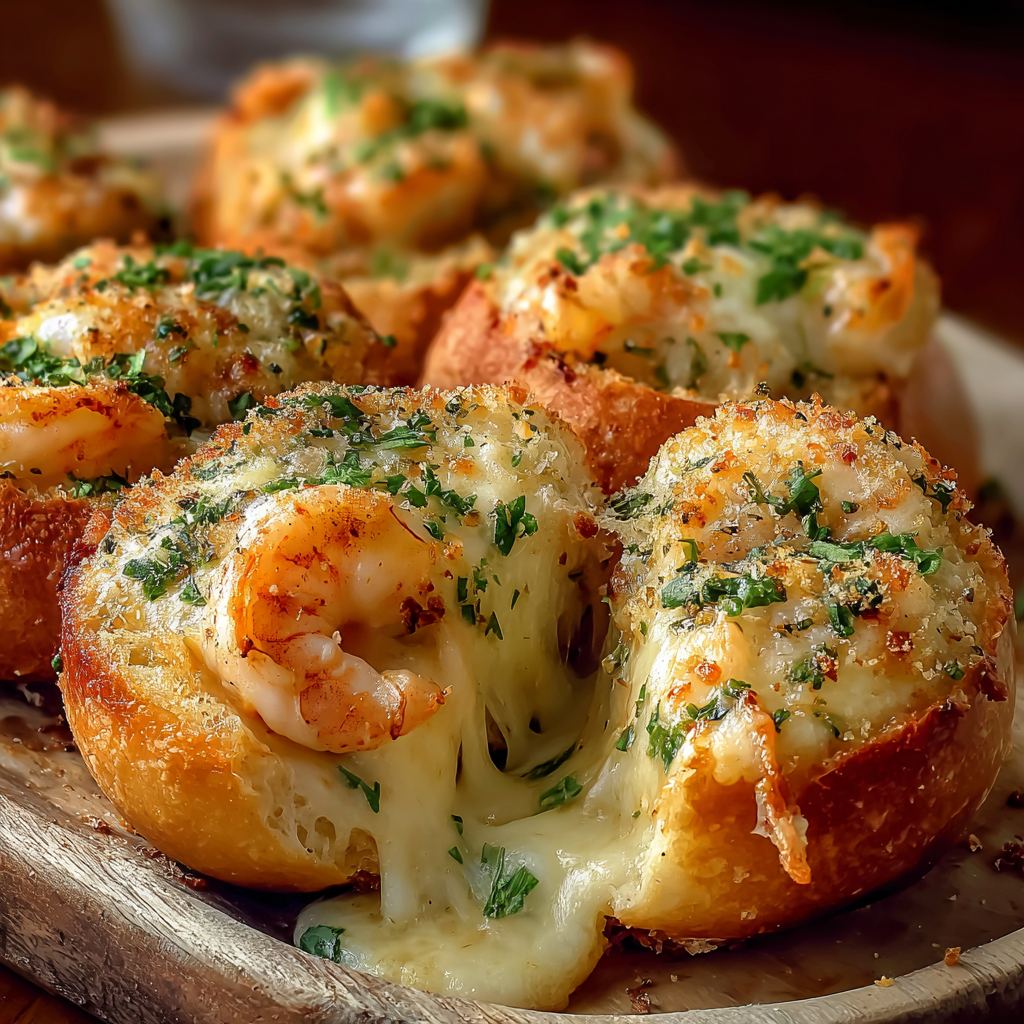 Stuffing Crabby Shrimp-Stuffed Garlic Bread Bombs Stuffing shrimp and cheese filling into bread for garlic bread bombs.