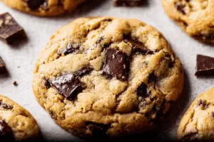 Stack of the ultimate chocolate chip cookies on a wooden table