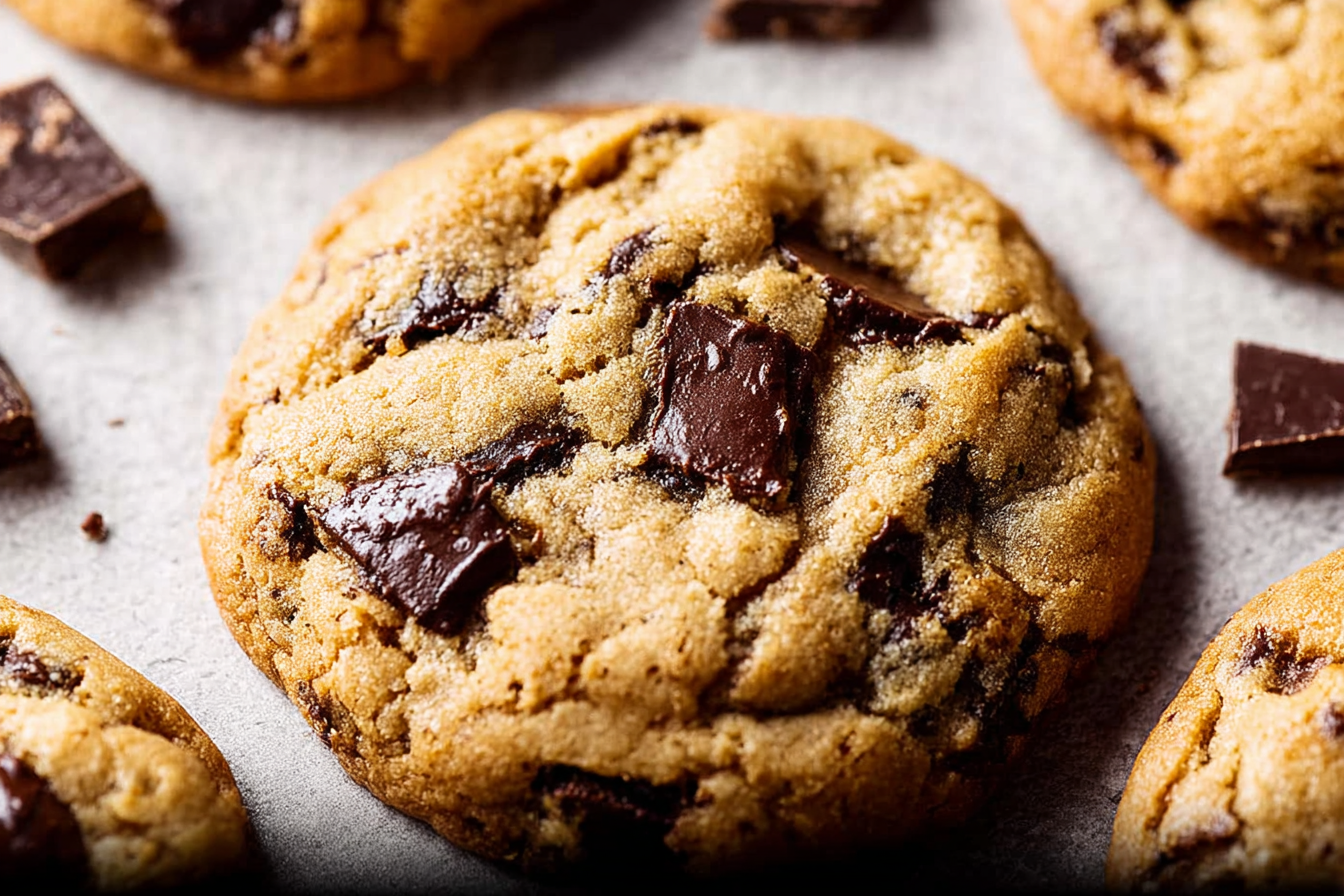 Stack of the ultimate chocolate chip cookies on a wooden table