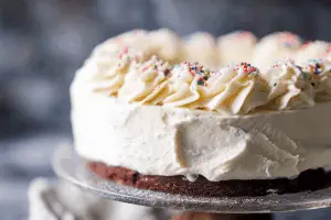 Brownie Ice Cream Cake on a wooden table with layers of ice cream and chocolate shell