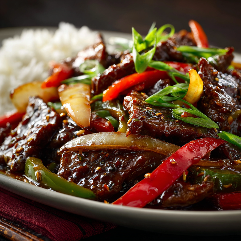 Chinese pepper steak with jasmine rice and garnishes