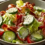 Cucumber ranch BLT salad close-up with bacon and ranch dressing.