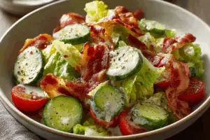 Cucumber ranch BLT salad close-up with bacon and ranch dressing.