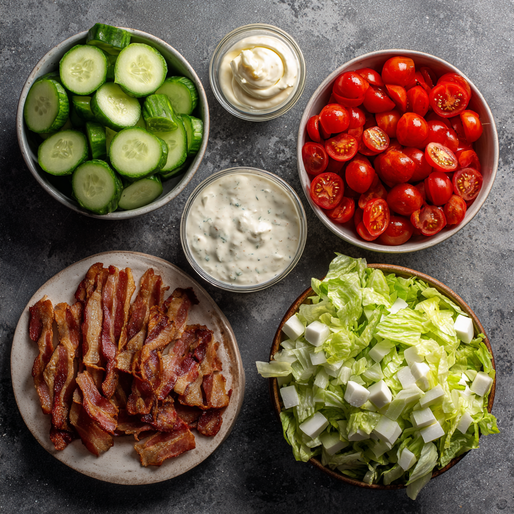 Ingredients for cucumber ranch BLT salad recipe.