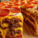 Double Cheese Cheeseburger Pizza stack close-up
