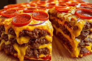 Double Cheese Cheeseburger Pizza stack close-up