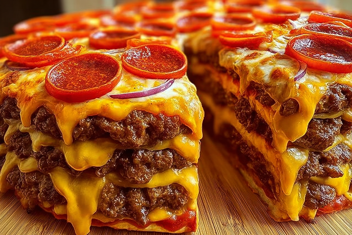 Double Cheese Cheeseburger Pizza stack close-up