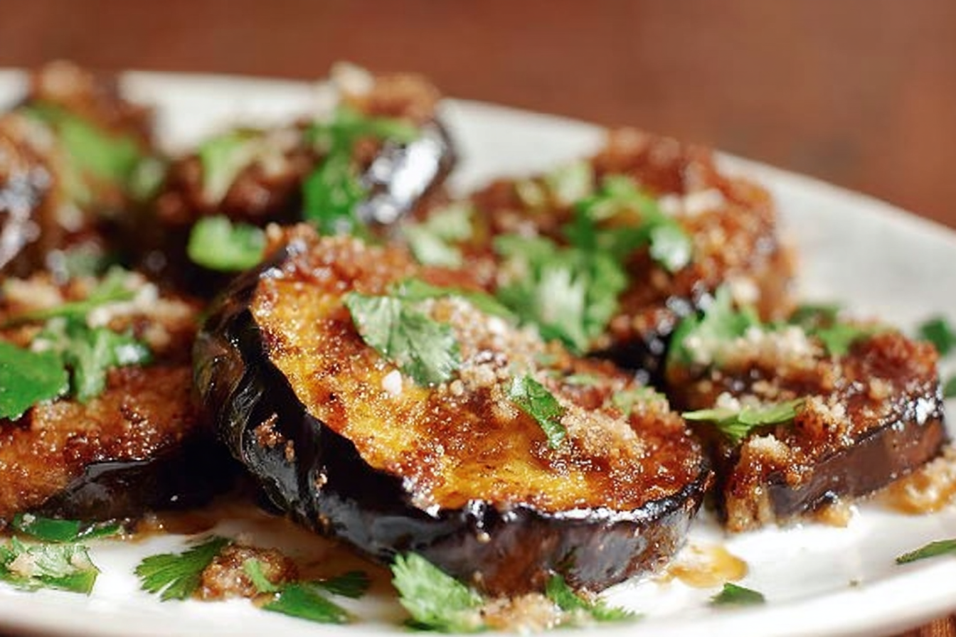Honey-Garlic Eggplant Dippers with Cashew-Lime Cream