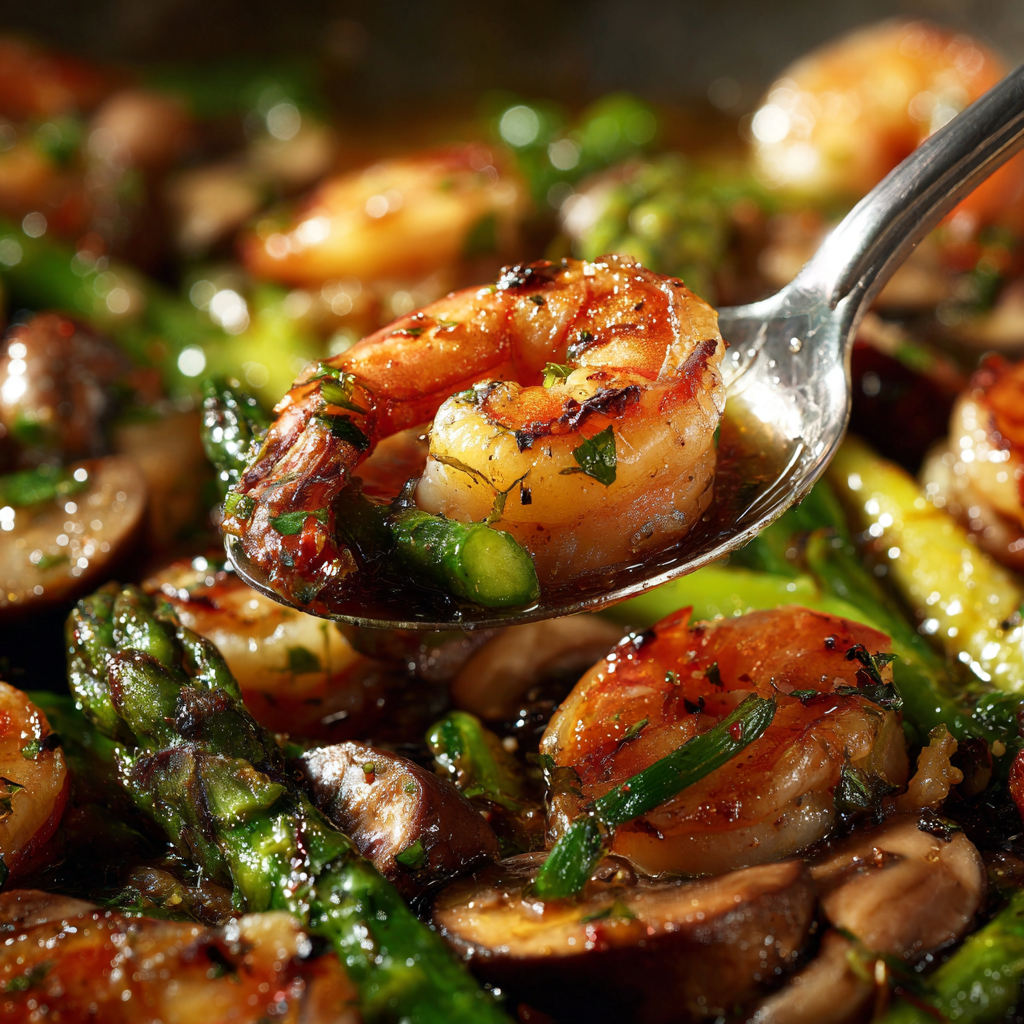 jasmine rice with stir-fried shrimp, asparagus, and mushrooms