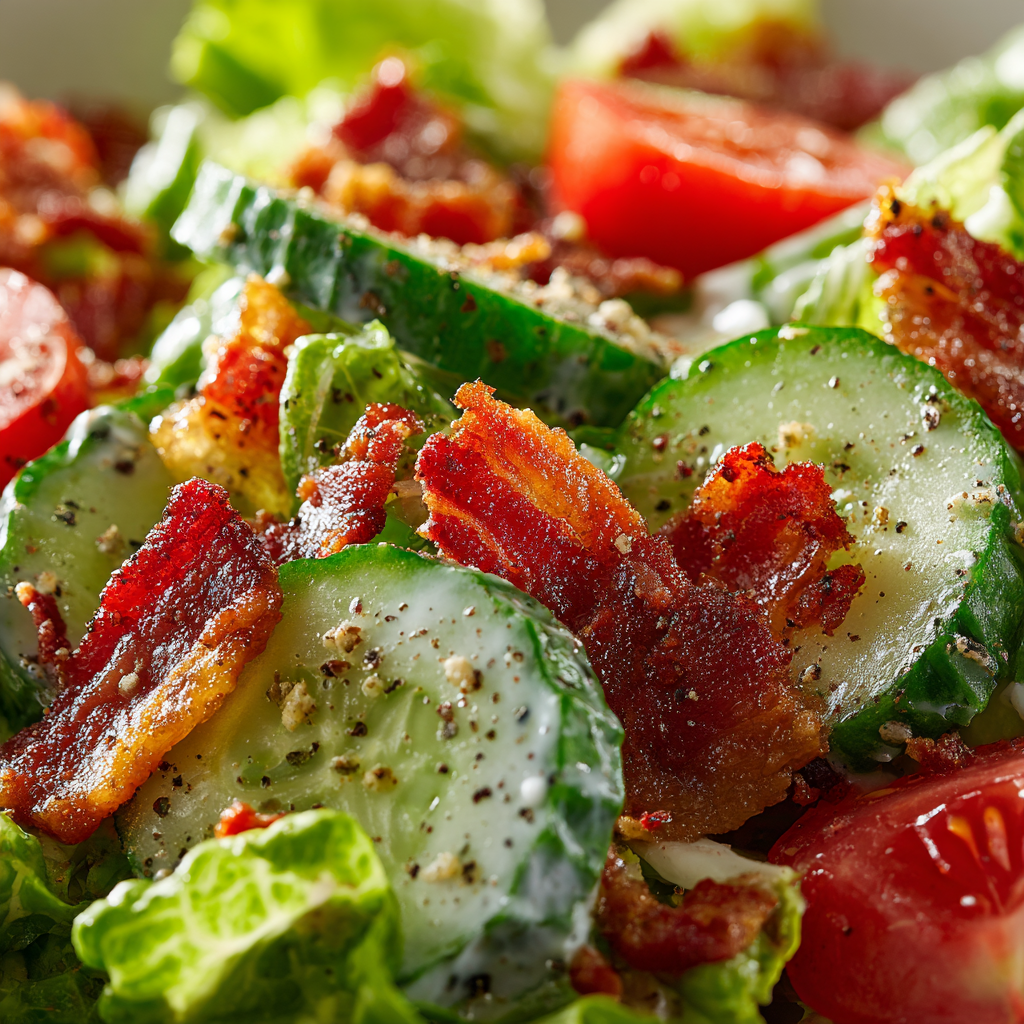Mixing homemade cucumber ranch BLT salad in a bowl.