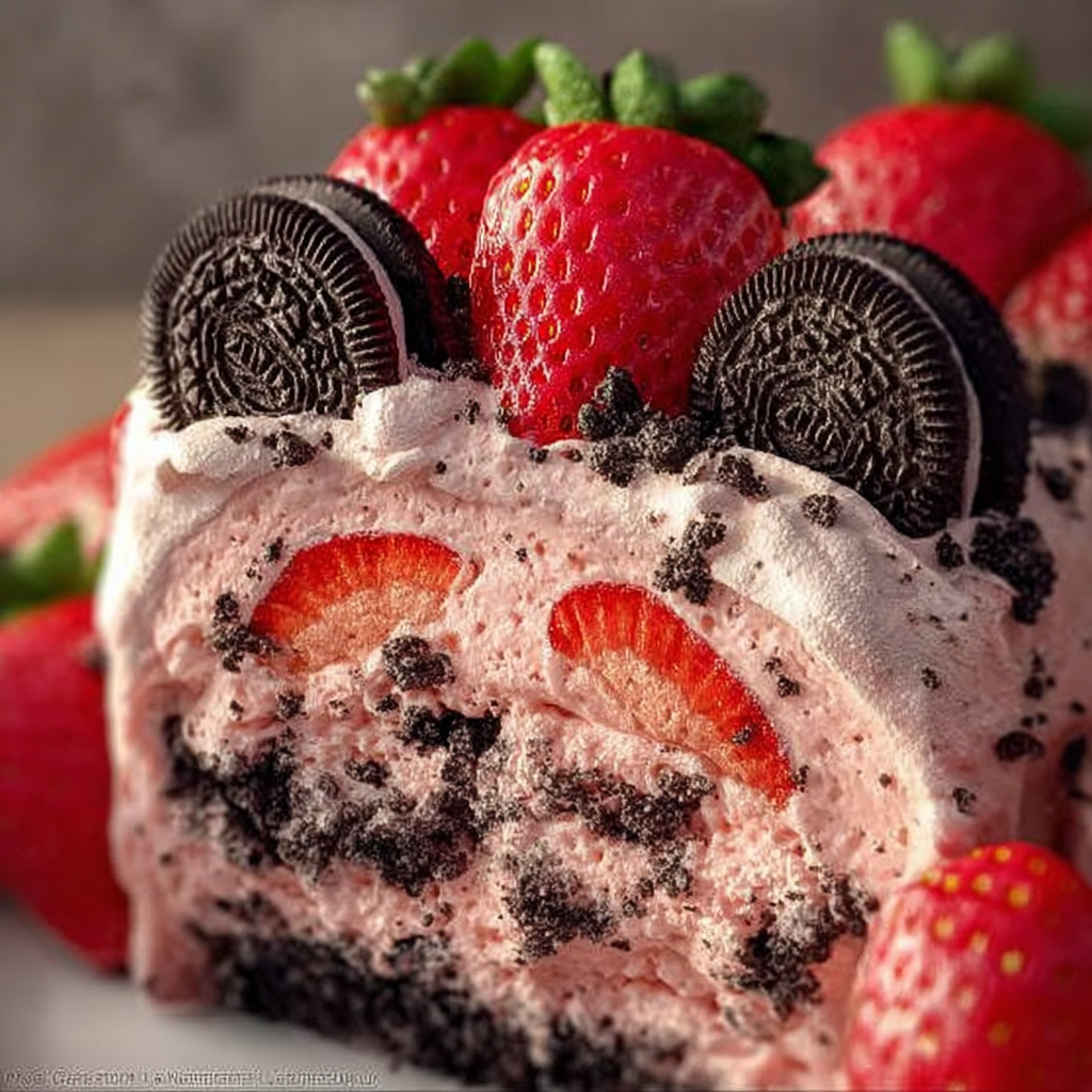 plated slice of strawberry cake with Oreo crumble and cookies n cream icing