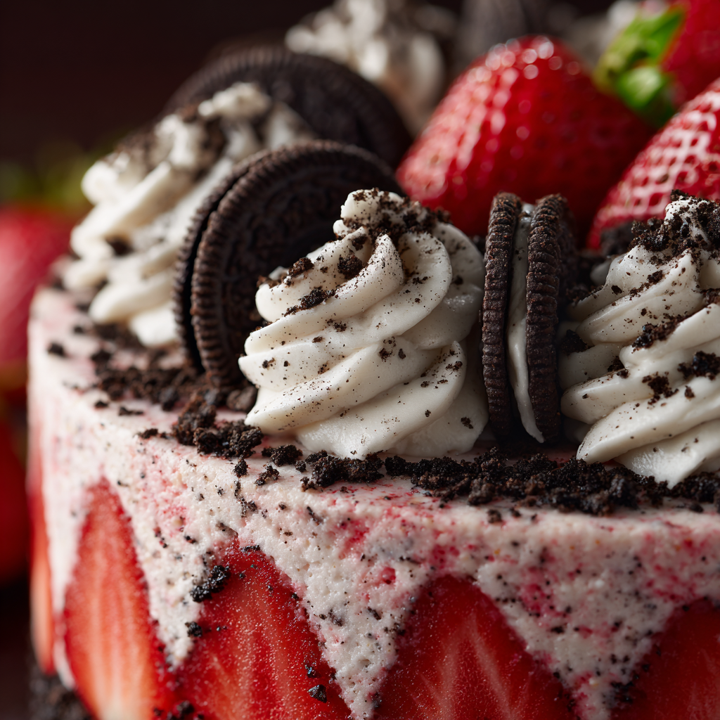 pouring cookies n cream icing over strawberry cake with Oreo crumble