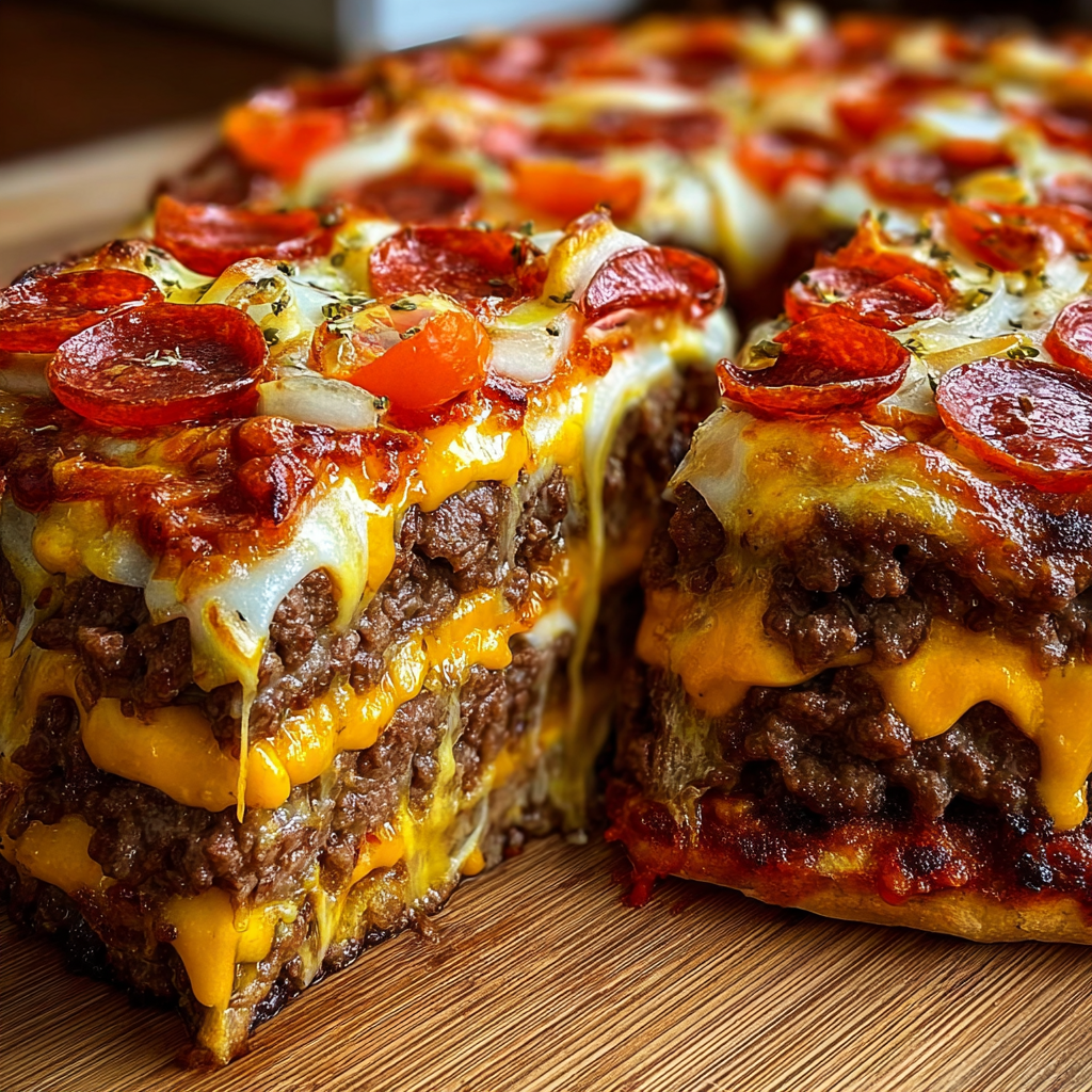 Serving Double Cheese Cheeseburger Pizza slices