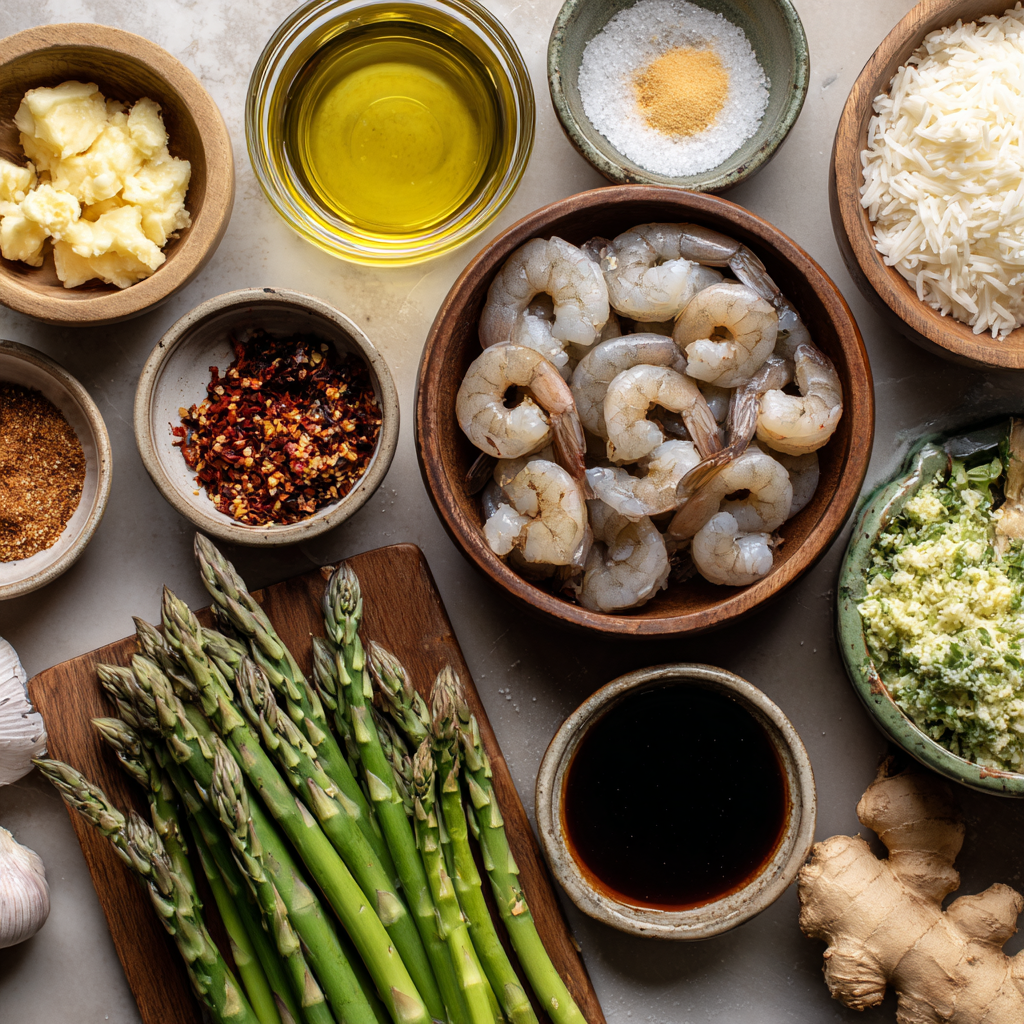 raw shrimp, asparagus, and mushrooms prepared for stir fry