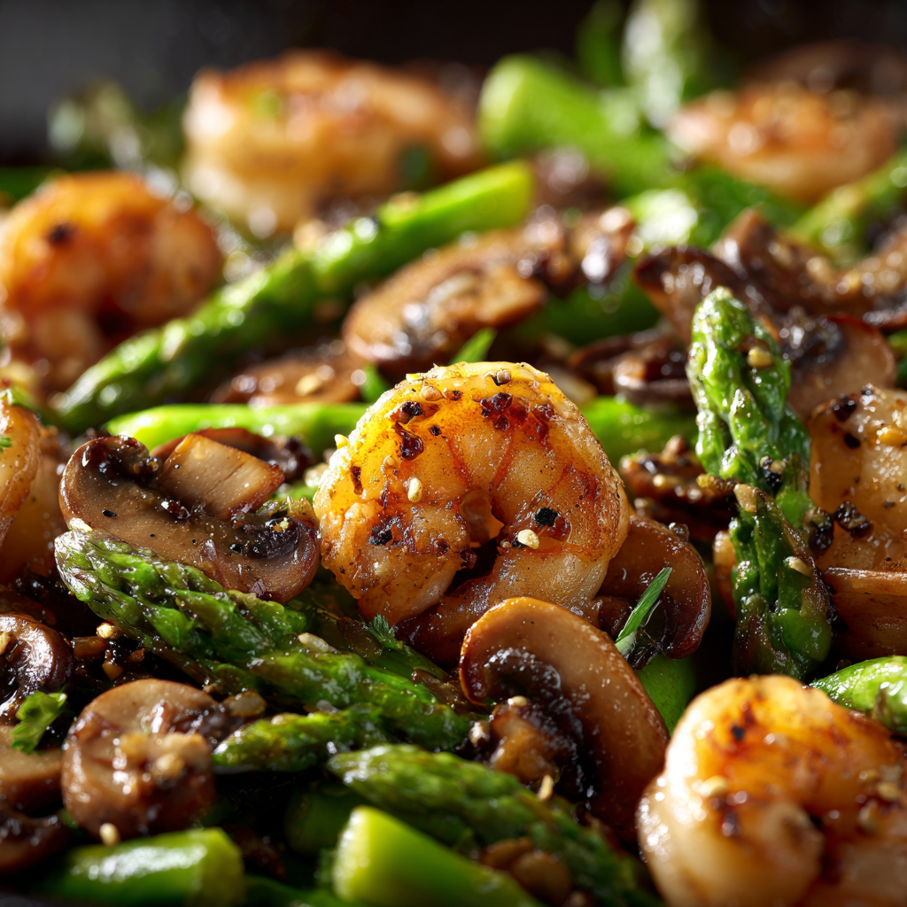 shrimp, asparagus, and mushrooms stir-frying in a wok