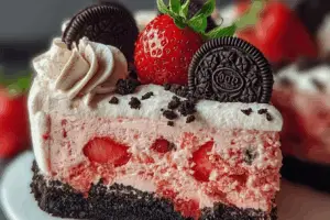 strawberry cake with Oreo crumble and cookies n cream icing on a plate