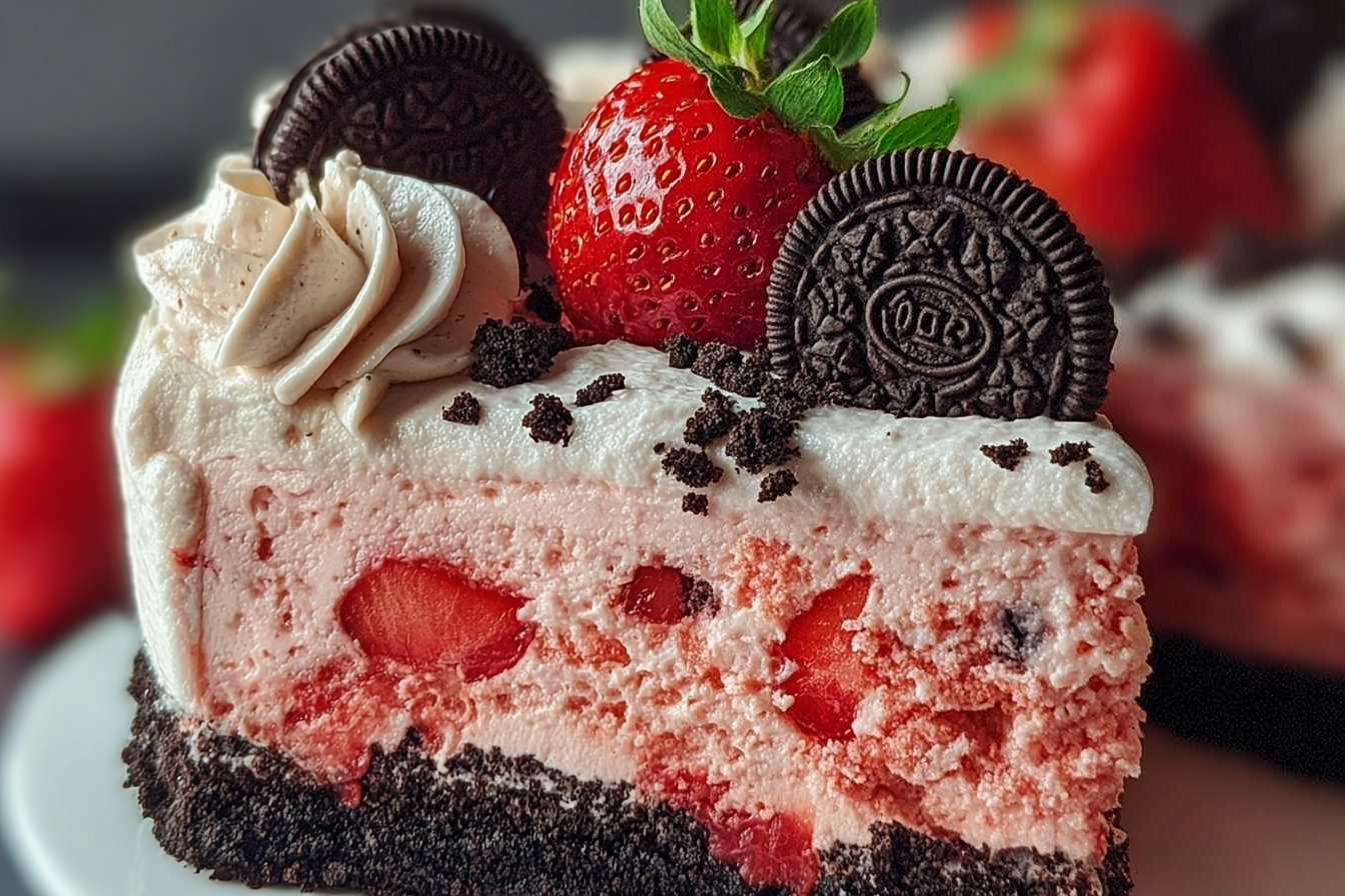 strawberry cake with Oreo crumble and cookies n cream icing on a plate