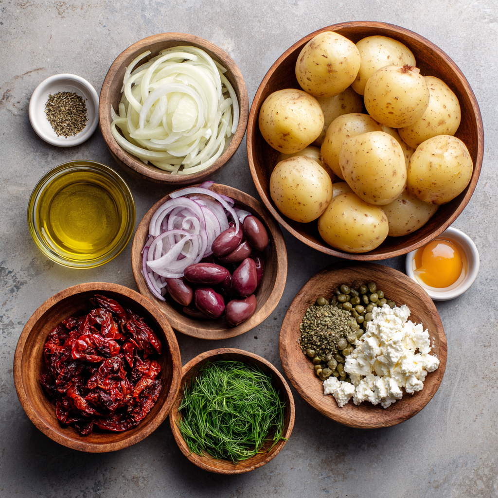 sliced-potatoes-olives-greek-salad.jpg Sliced potatoes and kalamata olives for Greek Potato Salad