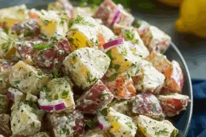 Greek Potato Salad close-up with feta, olives, and dill