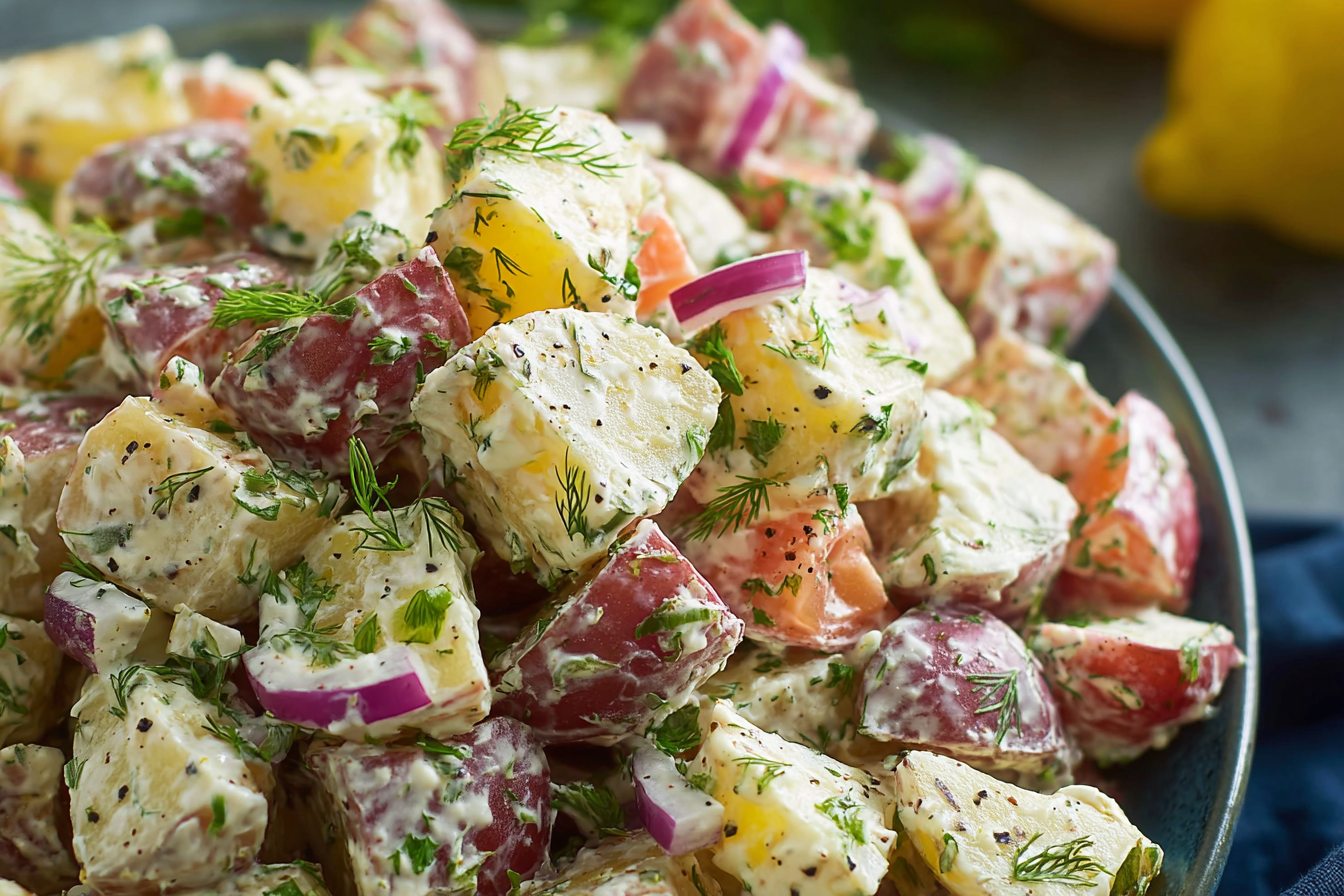 Greek Potato Salad close-up with feta, olives, and dill