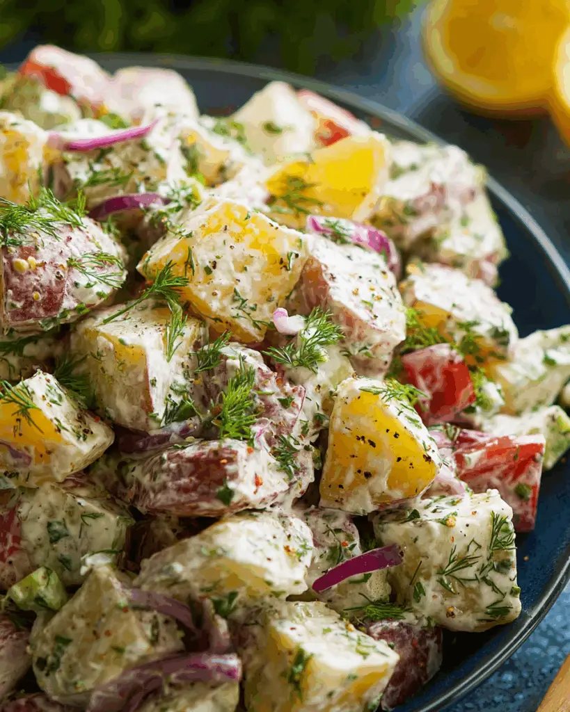 Pouring Greek salad dressing over warm potatoes