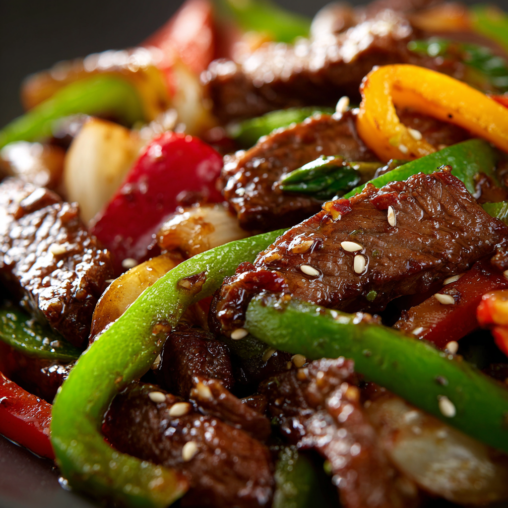 Vegetarian Chinese pepper steak with tofu and mushrooms