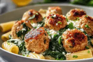 Zesty Turkey & Ricotta Meatballs with Garlic Spinach Rigatoni